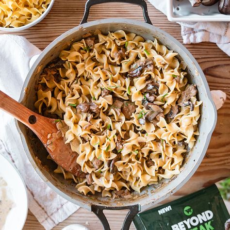 Beyond Steak Stroganoff CREATED BY: Emily Meador (@lettuce.thrive) Serves: 2 Beyond Beef Recipes, Vegetarian Pot Pie Recipe, Beyond Steak, Steak Stroganoff, Vegan Stroganoff, Vegan Meat Recipe, Vegetarian Pot Pie, Mushrooms And Onions, Steak Pasta