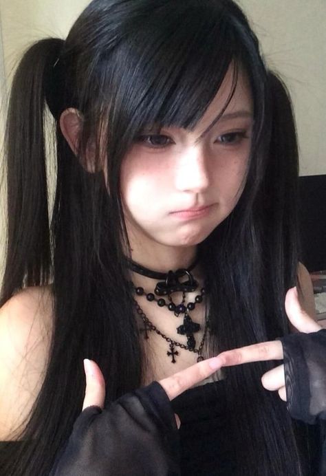 Soft Vampire Aesthetic Outfit, Goth Makeup Asian, Misa Amane Hairstyle, Goth Asian Girl, Misa Makeup, Black Hair Pigtails, Pigtails With Bangs, Misa Outfit, Black Pigtails