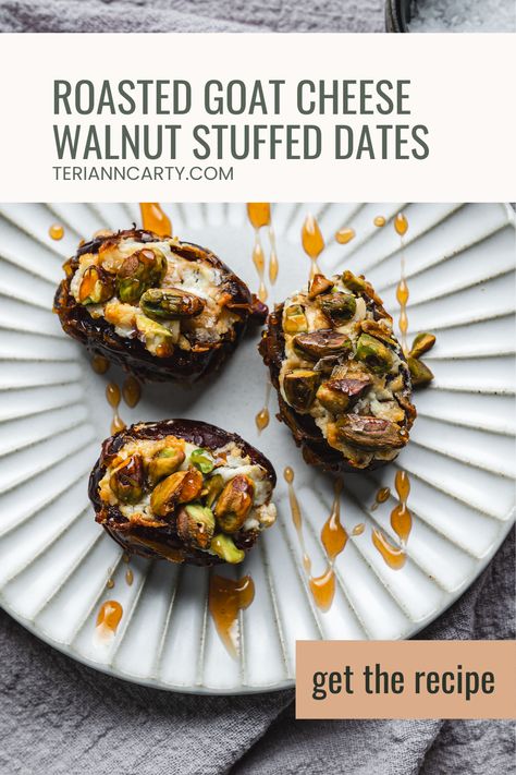 Walnut & Goat Cheese Stuffed Dates (with Spicy Honey!) Baked Dates With Goat Cheese, Savory Stuffed Dates, Date Appetizer Recipes, Stuffed Dates Recipes Appetizers, Goat Cheese Stuffed Dates, Honey Appetizers, Cheese Stuffed Dates, Stuffed Dates, Breakfast Sides