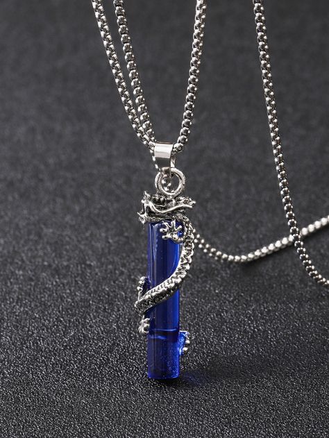 Royal Blue Fashionable   Plastic  Pendant Necklaces    Jewelry Mens Fantasy Jewelry, Male Jewelry Aesthetic Necklace, Cool Necklaces For Men, Dragon Jewelry Necklaces, Colares Dark, Gem Necklaces, Mystical Blue Pendant Necklace, Blue Dragon Necklace, Men Necklaces