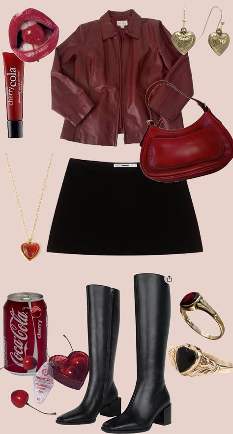 Cherry Coke Outfit, Red Accessories Fall 2023, Cherry Astethic Outfit, Cherry Red Clothes Aesthetic, Cherry Red Purse, Cherry Coke Aesthetic Outfits, Cherry Red Heels Outfit, Cherry Cola Aesthetic Outfits, Cherry Girl Aesthetic Outfit