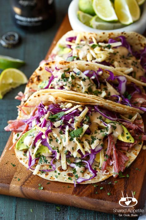 Slow Cooker Corned Beef Tacos - Shared Appetite Corned Beef Tacos, Corned Beef Sauce, Irish Meals, Corned Beef Recipes Slow Cooker, Slow Cooker Corned Beef, Corned Beef Recipes, Beef Tacos, Meat Appetizers, Tacos Beef