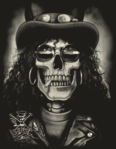 Skull Slash Art...can we get this painted onto every wall in our House ASAP?   Guns N Roses | GNR | Axl Rose | Painting | Wall Art Slash Tattoo, Skull Quote, Tattoo Skull, Skull Artwork, Axl Rose, Skull Wallpaper, Rock Posters, A Skull, Skull Tattoos