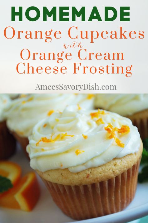 Orange cupcakes made with orange zest and freshly squeezed juice are as delicious as they are pretty to serve. These homemade cupcakes are simple to make and loaded with amazing citrus flavor!  #cupcakes #cupcakerecipe #orangecupcakes #creamcheesefrosting #citrusdesserts via @Ameessavorydish Orange Flavored Cupcakes, Orange Cupcake Recipe, Citrus Cupcakes, Flavor Cupcakes, Orange Desserts, Orange Cream Cheese Frosting, Easy Homemade Granola, Citrus Desserts, Orange Cream Cheese