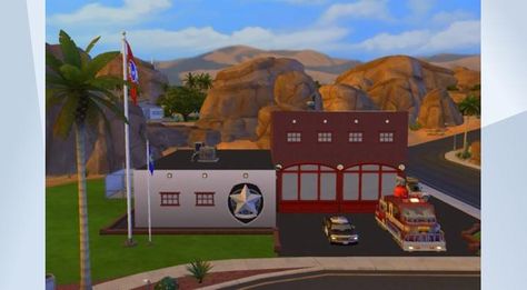 Check out this lot in The Sims 4 Gallery! - Small town Police department & firehall. #NOCC #MOO #police #fire #emergency #station #department #firetruck #policecar #firehall #sirens #jail #detective #chief #security #gettowork #work #career Sims 4 Fire Station, Black Simmer Cc, Black Simmer, Fire Hall, Sims 4 Gallery, Casas The Sims 4, Police Dept, Sims 1, Sims 4 Houses