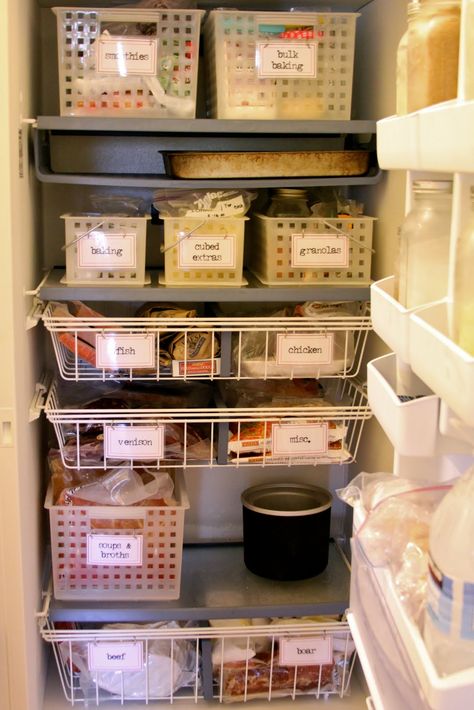 Homestead Revival: Upright Freezer Organization.    Cute.  I'd definitely be thrilled if my freezer had this many shelves. Deep Freezer Organization, I Heart Organizing, Freezer Organization, Freezer Storage, Fish And Chicken, Kitchen Hacks Organization, Chest Freezer, Upright Freezer, Fridge Organization