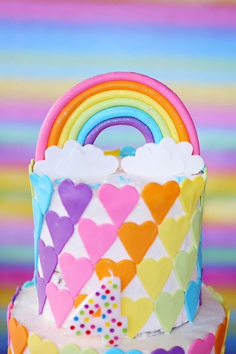 Rainbow cake top from a Rainbow Heart Birthday Party on Kara's Party Ideas | KarasPartyIdeas.com (6) Rainbow And Hearts Birthday Party, Rainbow Heart Birthday Party, Carebear Birthday Cake, Rainbow Heart Cake, Heart Birthday Party, Heart Birthday Cake, Rainbow Desserts, Cold Cake, Heart Birthday