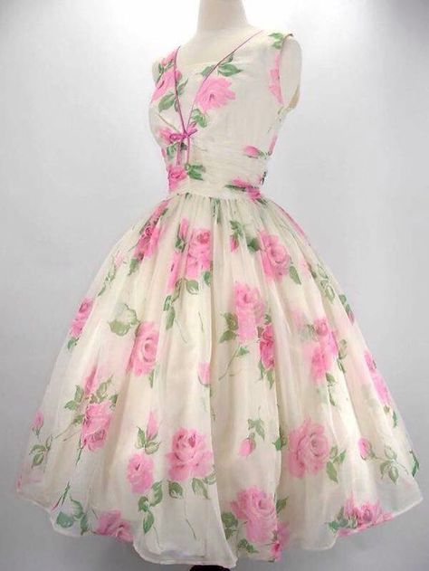 white dress with pink roses 1960s Dresses, Floral Party Dress, Sassy Girl, Fashion 1950s, Vintage 1950s Dresses, Retro Mode, Vestidos Vintage, 50s Dresses, 50s Fashion