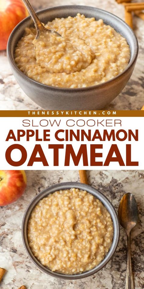 Wake up to this Slow Cooker Apple Cinnamon Oatmeal! Not only is this crockpot oatmeal an easy breakfast food, but it is also delicious. Save this simple fall recipe and enjoy some overnight oats! Variations on this apple food idea included! Apple Crockpot Recipes, Crockpot Oatmeal Overnight, Overnight Crockpot Breakfast, Easy Breakfast Food, Oatmeal Recipes Crockpot, Apple Food, Crockpot Oatmeal, Slow Cooker Oatmeal, Steel Cut Oats Recipe