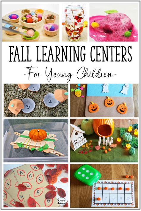 The pin shows eight pictures of activities kids can do that are fall themed including dice roll, leaf matching, pumpkin boat, small play and a fizzing apple puck. Kindergarten Learning Centers, Fall Learning Activities, Learning Activities For Preschool, Apple Crafts Preschool, Apple Crafts, Fall Centers, Fall Kindergarten, Crafts Preschool, Activities For Preschool