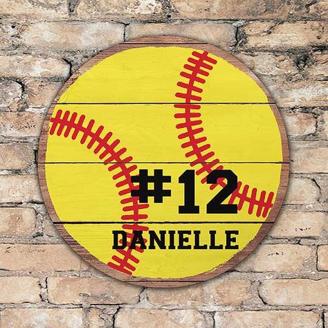 Personalized Round Wood Softball Sign Softball Bedroom, Softball Room, Softball Sign, Softball Decorations, Cricut Signs, Locker Signs, Softball Crafts, Softball Stuff, Locker Decorations