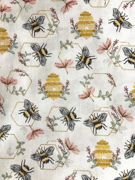 Fabric Bee, Bee Hives, Bee Fabric, Bee Garden, Bumble Bees, Coral Flowers, Gold Bee, Bee Art, Hand Sketch