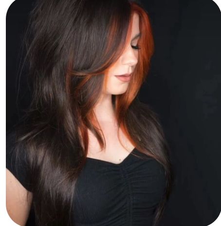 Dark Brown Hair Orange Money Piece, Dark Hair Orange Money Piece, Black And Amber Hair, Black Hair Copper Balayage, Dark Brown Hair Copper Money Piece, Black Hair Ginger Money Piece, Black With Copper Hair, Copper Highlights In Black Hair, Copper Streaks On Black Hair