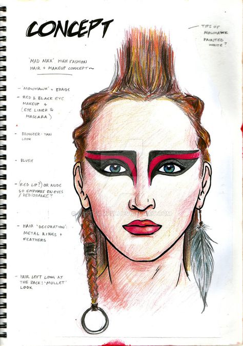 Post apocalyptic look makeup face chart inspired by the 'Mad Max' movies. For Makeup Artistry course 2012. Mad Max Makeup, Glam Rock Makeup, Mad Max Costume, Max Makeup, Rock Makeup, 80s Makeup, Punk Makeup, Makeup Portfolio, Face Charts