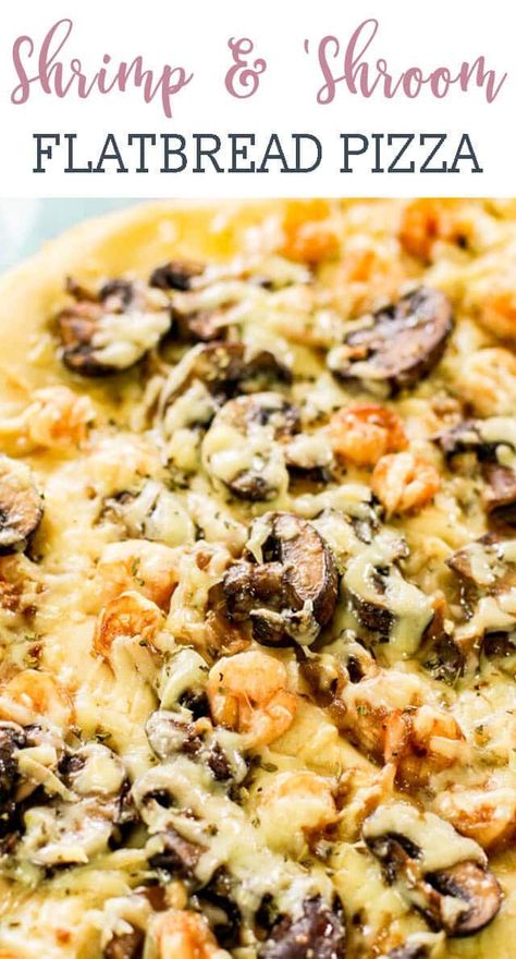 This easy Shrimp Mushroom Flatbread Pizza is a great alternative recipe for pizza night. Dinner is on the table in under 30 minutes! #mushroom #flatbread #pizza #shrimp Mushroom Flatbread, Shrimp Mushroom, Vegetable Pizza Recipes, Recipe For Pizza, Mini Pizza Recipes, Flatbread Pizza Recipes, Pizza Easy, Seafood Pizza, Pizza Recipes Easy