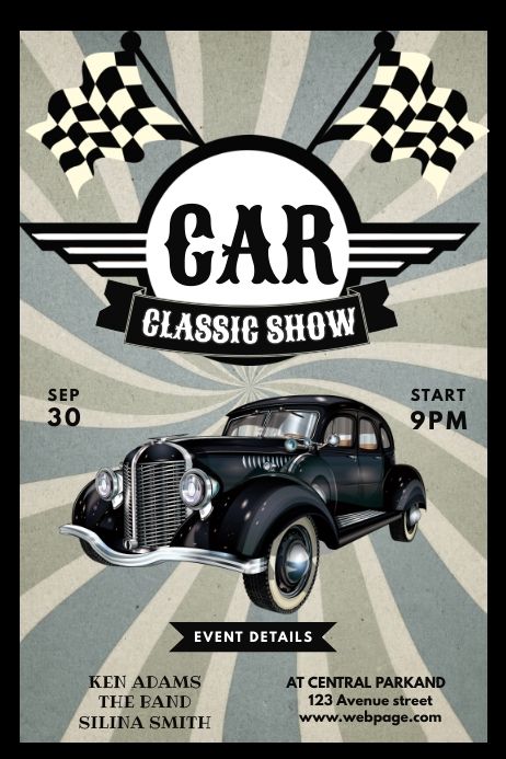 Customize this design with your video, photos and text. Easy to use online tools with thousands of stock photos, clipart and effects. Free downloads, great for printing and sharing online. Poster. Tags: car advertisement, car show advertisement, car show classic model, vintage car show, vintage car show event, custom posters, free poster templates, poster design, poster template free, poster templates, Event Flyers, Cars , Car Car Typography, Vintage Car Posters, Car Advertisement, Car Advertising Design, Poster Template Free, Online Poster, Car Poster, Event Flyers, Car Advertising