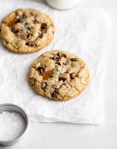 Salted Caramel Chocolate Chip Cookies, Carmel Chocolate, Cookies For Two, Caramel Chocolate Chip Cookies, Ultimate Cookies, Butter Toffee, Frozen Chocolate, Browned Butter, Salted Caramel Chocolate