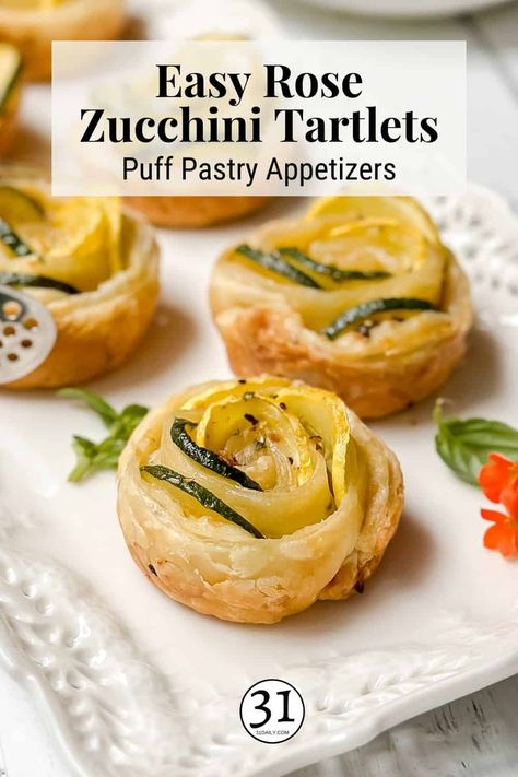 Tea Savory Bites, Tea Party Savory Bites, Zucchini Roses Puff Pastry, Tea Party Pastries, Tartlets Savory, Puff Pastry Zucchini, Savory Tea Party Food, Elegant Snacks, Puff Pastry Recipes Savory