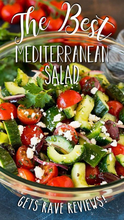 Tomato And Olive Salad, Basil Cucumber Salad, Salad Lunches, Cucumber Red Onion Salad, Green Olive Salad, Cucumber Tomato Feta Salad, Spinach Fritters, Greek Goodness, Mediterranean Salads