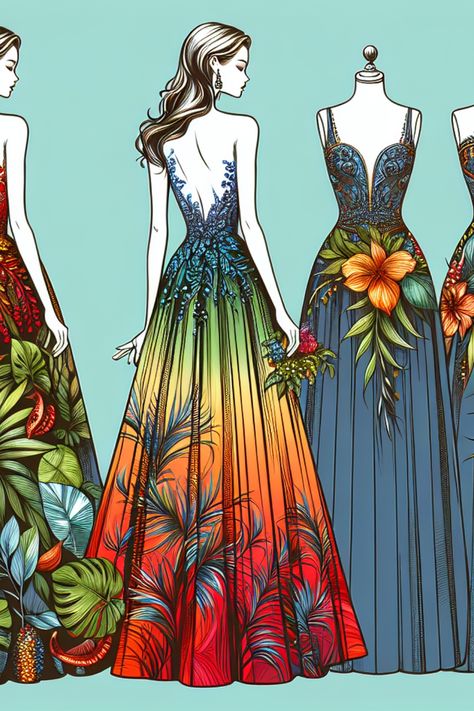 Three women in colorful floral evening gowns and a mannequin displaying a similar dress. Flowy Silhouettes, Dress To Impress Outfits, Tropical Dress, Modern Tropical, Chic And Elegant, Flowy Maxi Dress, Summer Events, Tropical Vibes, Stunning Dresses