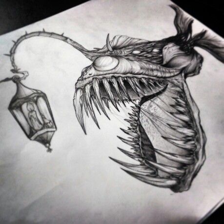 #Anglerfish draw by #alfredonajar #inksanity Angler Fish Tattoo, Biomech Tattoo, Creature Fantasy, Arte Doodle, Kunst Tattoos, Flash Sheet, Angler Fish, Fish Drawings, 캐릭터 드로잉