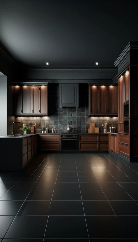 15 Stunning Tile Colors to Complement Cherry Cabinets Perfectly 22 Cherry Cabinets Kitchen Wall Color, Cherry Wood Kitchen Cabinets, Cherry Wood Kitchens, Tile Colors, Black Backsplash, Dark Tile, Cherry Kitchen, Black Countertops, Kitchen Wall Colors