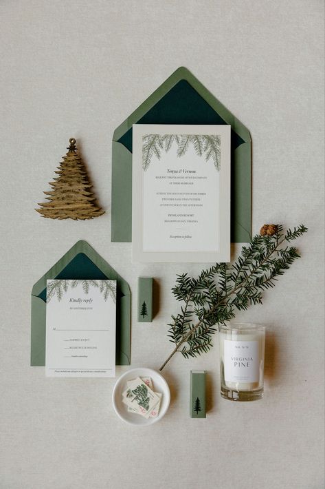 A cozy winter wedding invitation suite featuring evergreen details and soft pine accents. Whimsical Wedding Decor, Cozy Winter Wedding, Wedding Flower Bouquets, Flower Arrangements Wedding, Centerpieces Floral, Winston Salem North Carolina, Whimsical Wedding Decorations, Reception Inspiration, Bouquets Wedding