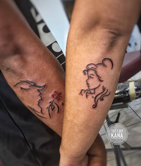 Beauty And Beast Couple Tattoo, Beauty And The Beast Matching Tattoos, Beauty And The Beast Couples Tattoo, Beauty And The Beast Tattoo Couples, Beauty And The Beast Tattoos, Matching Relationship Tattoos, Disney Couple Tattoos, Chip Tattoo, The Beast Tattoo