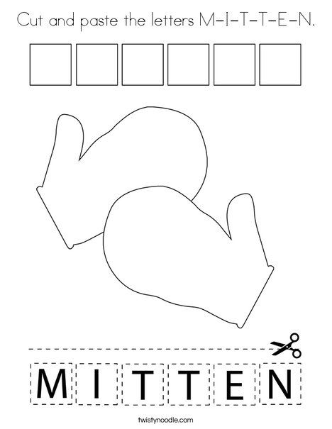 Cut and paste the letters M-I-T-T-E-N Coloring Page - Twisty Noodle Preschool Letter M, Clothing Study, Winter Worksheets, Handwriting Worksheets For Kids, Kindergarten Projects, Preschool Winter, People Coloring Pages, Preschool Letter, Twisty Noodle