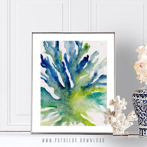 Watercolor Seaweed, Sealife Watercolor, Sea Life Wall Art, Art Plage, Coral Watercolor, Art Noir, Wall Art Beach, Blue Sparkle, Coastal Kitchen