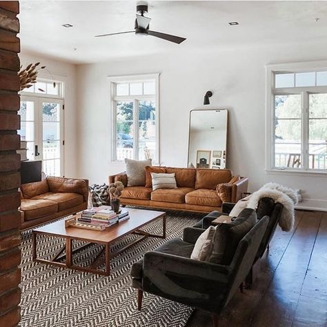 Can I just lay down on the couch here 😩 this living room is gorgeous! #livingroomgoals #livivngroomideas #livingroomdesign Tan Sofa Living Room, Environmental Wellness, Caramel Leather Sofa, Brown Leather Couch Living Room, Tan Leather Sofas, Leather Couches Living Room, Apartment Decorating Living, Leather Sofa Living Room, Mid Century Modern Sofa