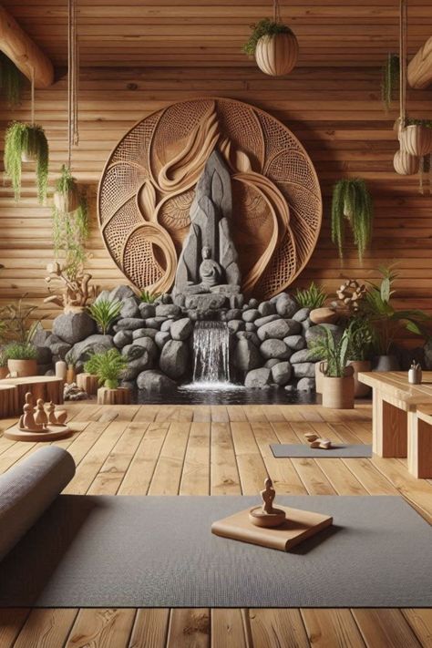 Yoga Room Ideas Zen Space, Interior Water Feature, Zen Office Ideas, Holistic Office, Yoga Space Design, Zen Yoga Room, Meditation Room Ideas, Wallpaper Decor Ideas, Best Greige Paint