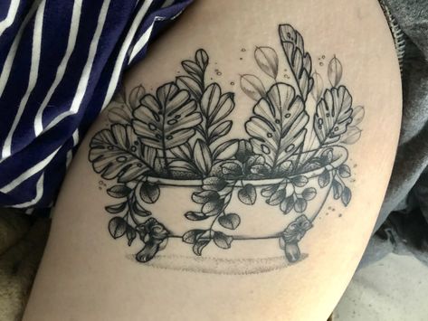 Bathtub, bath, tattoo, blackwork, tub, plants, house plants Bathtub Tattoo Design, Bath Tub Tattoo, Green House Tattoo, Bathtub Tattoo, Bath Tattoo, House Plant Tattoo, Body Artwork, Dc Tattoo, Plants House