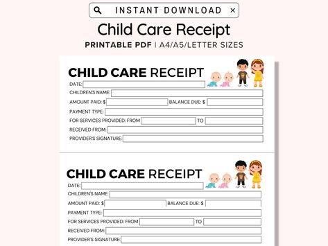 Daycare Receipt, Daycare Contract, Daycare Setup, Free Receipt Template, Home Day Care, Starting A Daycare, Babysitting Fun, Daycare Forms, Payment Receipt