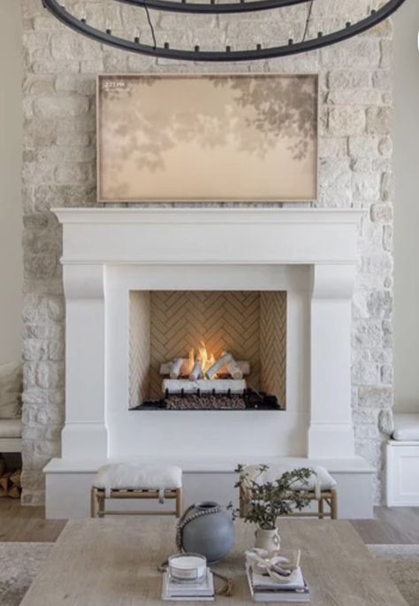 Herringbone Brick Fireplace, Tile Fireplaces, Brick Fireplace Ideas, French Country Fireplace, Herringbone Fireplace, White Stone Fireplaces, Herringbone Brick, Cast Stone Fireplace, Stone Fireplace Surround