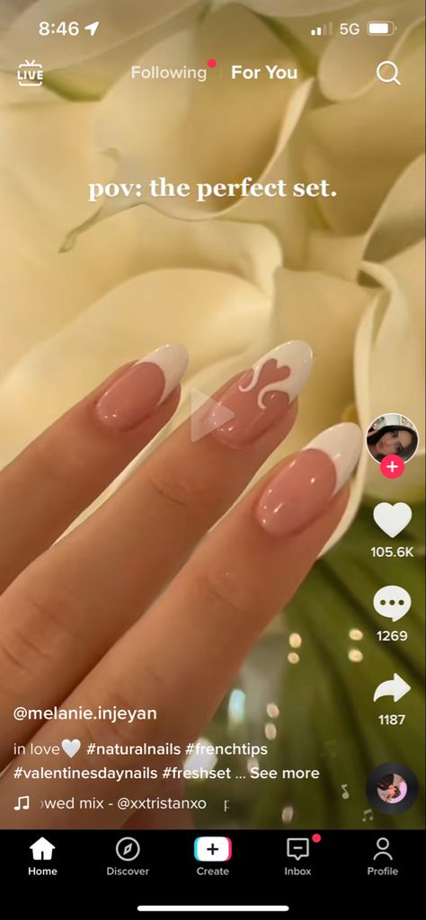 White Tips With Heart, Nail Tip Shapes, Nail Goals, White Tips, February Nails, Valentine Nails, Almond Shape Nails, Heart Outline, White Tip