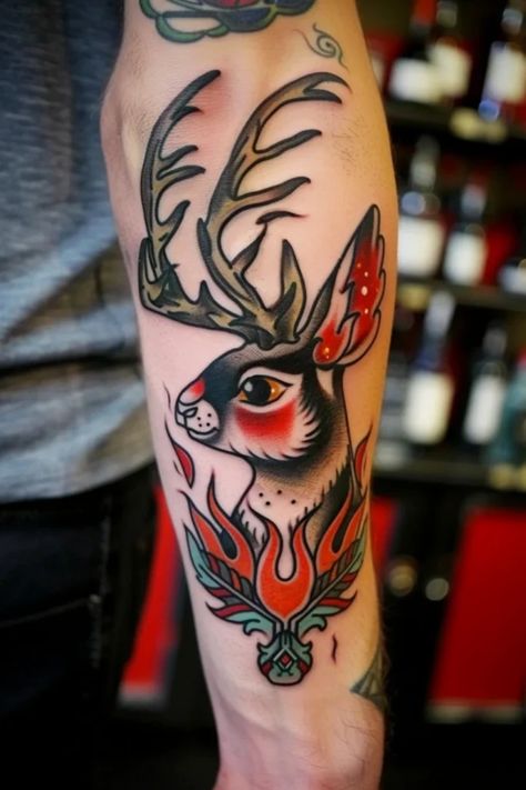 A colorful tattoo of a jackalope with flames on a person's forearm. American Traditional Jackalope Tattoo, Mari Lwyd Tattoo, Jackalope Tattoo Traditional, Jackal Tattoo, Krampus Tattoo, Unique American Traditional Tattoo, Az Tattoo, Traditional Tattoo Dragon, Jackalope Tattoo