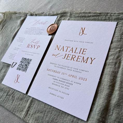 M&H Events - Stationery & Signage on Instagram: "Copper foil & black letterpress for an autumn wedding in Melbourne. Paired with custom copper wax seals; slim RSVP card; details card and printed envelopes." Copper Wedding Invitations, Copper Wedding, Autumn Wedding, Copper Foil, Wedding Invite, Printed Envelopes, Wax Seals, Rsvp Card, Letterpress