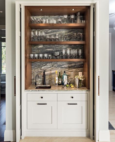 Living Room Bar Cabinet Built Ins, Hidden Home Bar Ideas, Built In Drink Fridge, Bar Closet Ideas Built Ins, Coffee Bar Closet, Bar Nook In Kitchen, Closet Dry Bar, Living Room With Bar Area, Home Snack Bar