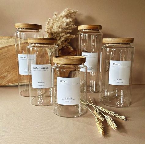 Containers For Storage, Kitchen Storage Pantry, Bathroom Labels, Food Organization, Glass Kitchen Canisters, Pantry Jars, Pantry Organisation, Storage Pantry, Glass Storage Containers