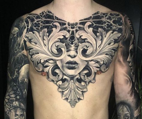 Filigree Chest Tattoo Men, Baroque Tattoo Chest, Filigree Tattoo Chest, Black And Grey Chest Tattoo, Realism Chest Tattoo, Upper Chest Tattoo Men, Upper Back Tattoo Men, Back Tattoos For Guys Upper, Rose Chest Tattoo