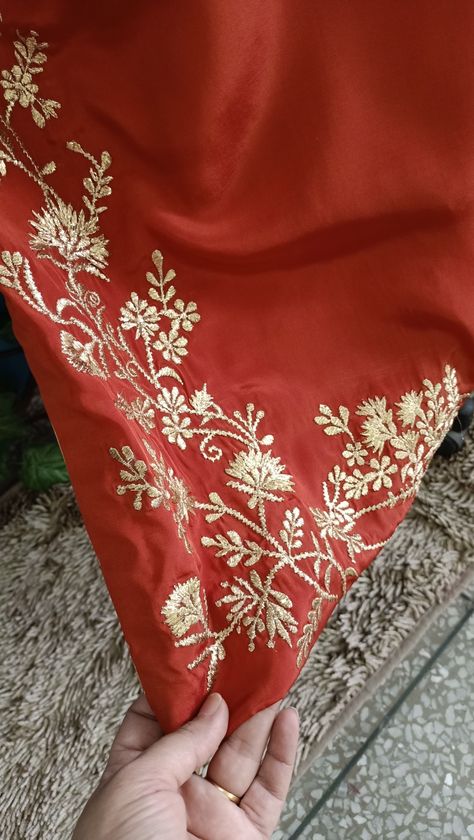 Machine Embroidery On Velvet Suits, Tilla Embroidery Designs, Rust Colour Suit Punjabi, Tilla Work Embroidery Suits, Tilla Work Embroidery, Badla Work, Velvet Suit Design, Tilla Embroidery, Suits For Women Indian