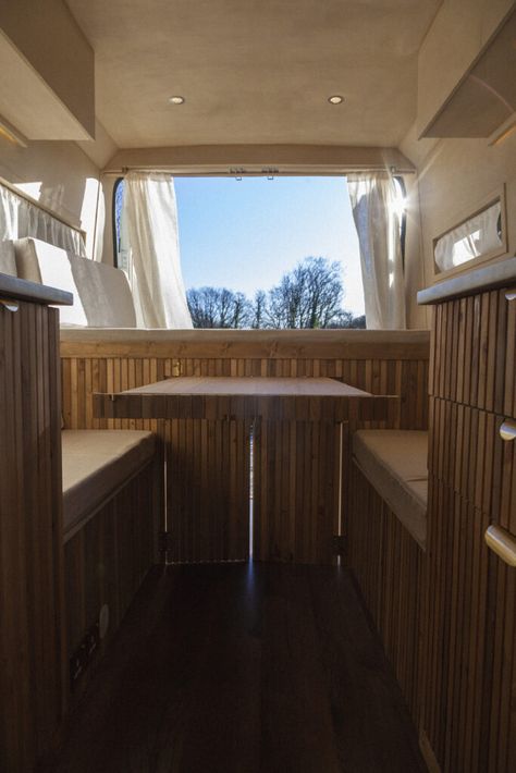 Handcrafted Luxury Citroen Relay. Off-grid ready. ⋆ Quirky Campers Cement Countertops, Caravan Life, Small Seating Area, Airstream Interior, Caravan Renovation, Washing Walls, Table Bed, Big Beds, Garage Lighting