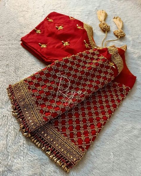 Checks Design Maggam Work, Red Blouse Aari Work Designs, Red Aari Work Blouse, Checked Aari Work Blouse Designs, Red Blouse Work Designs, Koorai Saree, Work Blouse Hand Designs, Aari Work Embroidery, Red Blouse Design