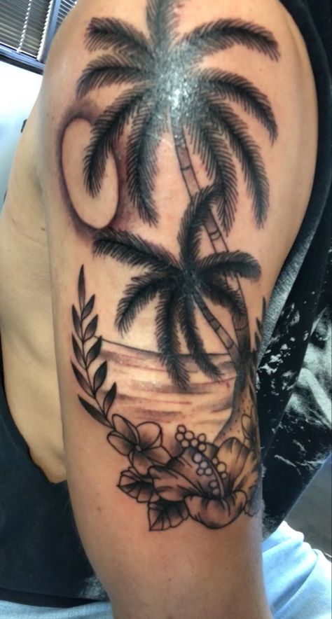 Palm Trees Tattoo, Beach And Flowers, Tropical Flower Tattoos, Trees Tattoo, Palm Tree Flowers, Tiki Tattoo, Island Tattoo, Palm Tree Island, Favorite Tattoos