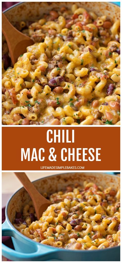 Hearty, cheesy, and oh so delicious! This chili mac and cheese is packed full of flavor and ready to go in just 30 minutes. It's two of my favorite comfort foods made into one seriously yummy dish! #chilimacandcheese #macandcheese #chilimac #macandcheeserecipe Max And Cheese Chili, Chilly Mac Recipe, Chilli Mac, Mac Recipes, Life Made Simple, Chili Mac And Cheese, Beef Meals, Chili Mac, Go Pack Go