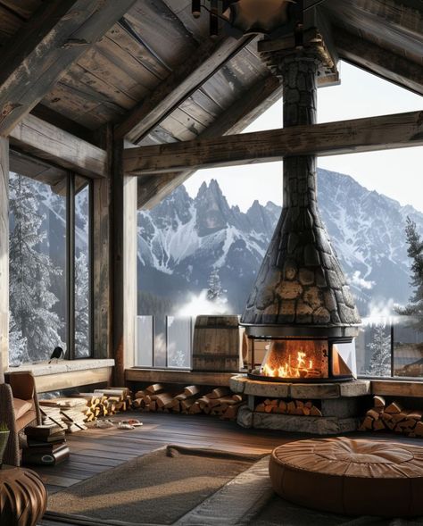 Cozy cabin with panoramic mountain views Cozy cabin interior Cozy cabin aesthetic Dream life house Cabin aesthetic Modern mountain home Rustic home design Small Alaskan Cabin, Winter Chalet Interior, Lodge Style Christmas Decor, Lodge House Interior, Winter House Aesthetic, Cozy Living Rooms With Fireplace, Nordic Cabin Interior, Cozy Cabin Fireplace, Mountain Cabin Aesthetic