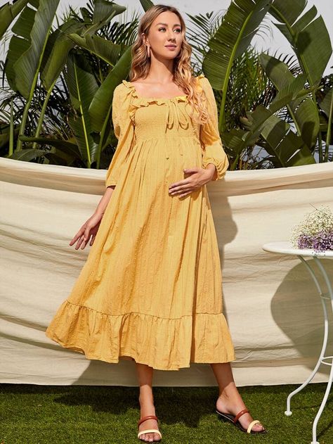 Cute Maternity Dresses, Milkmaid Dress, Shein Maternity, Spring Maternity, Shein Style, Maternity Fashion, Yellow Dress, Maternity Dresses, Ruffle Hem