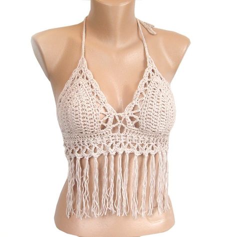 Crochet Fringe Top, Boho Halter Top, Crop Top Knit, Open Back Crop Top, Crochet Bra, Boho Crop Tops, Crochet Fringe, Womens Halter Tops, Backless Crop Top