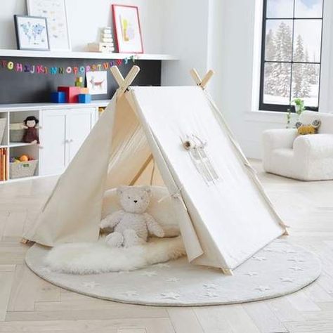 Pop Up Play Tent, Natural Kids Room, Reading Tent For Kids, Playroom Teepee, Playroom Tent, Nursery Play Area, Toddler Play Tent, Whimsical Playroom, Library Nursery